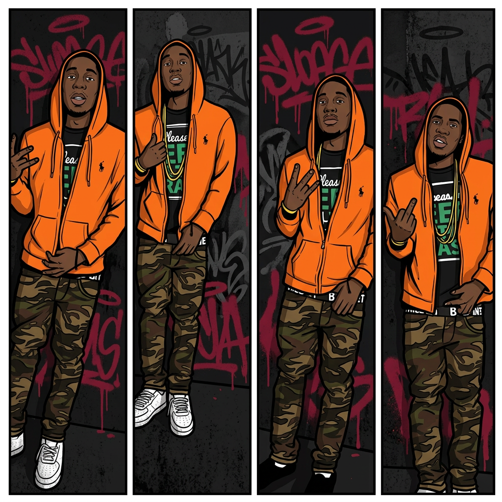 Four-panel cartoon illustration of the artist in orange hoodie and camo against a graffiti wall